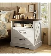 AODK 24 Inch Farmhouse Nightstand with Charging Station, Wood Bedside Table with 2 Drawers and Op...