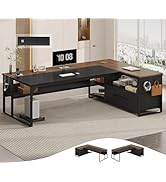 71" Executive Desk, Large Office Desk with Widen File Drawers &amp; Power Outlets, Reversible L Shape...