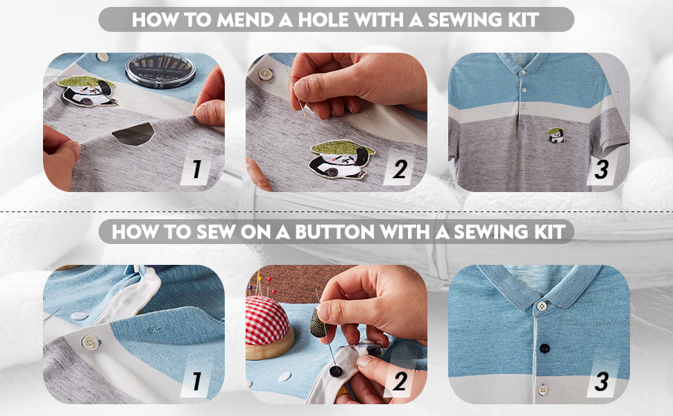 Mending torn clothes and sewing on buttons.