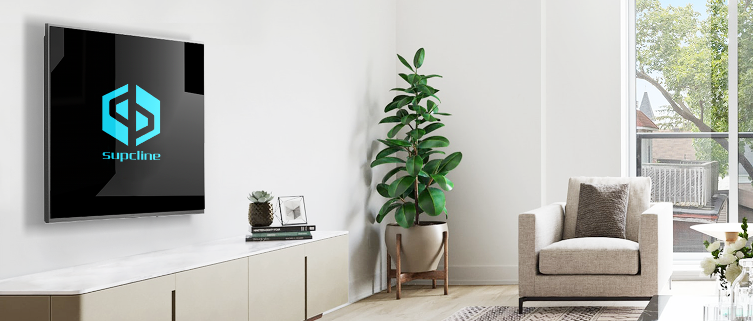 Modern living room interior featuring minimalist furniture, large windows, indoor plants, and wall-mounted TV. Clean design with neutral color palette and natural lighting.