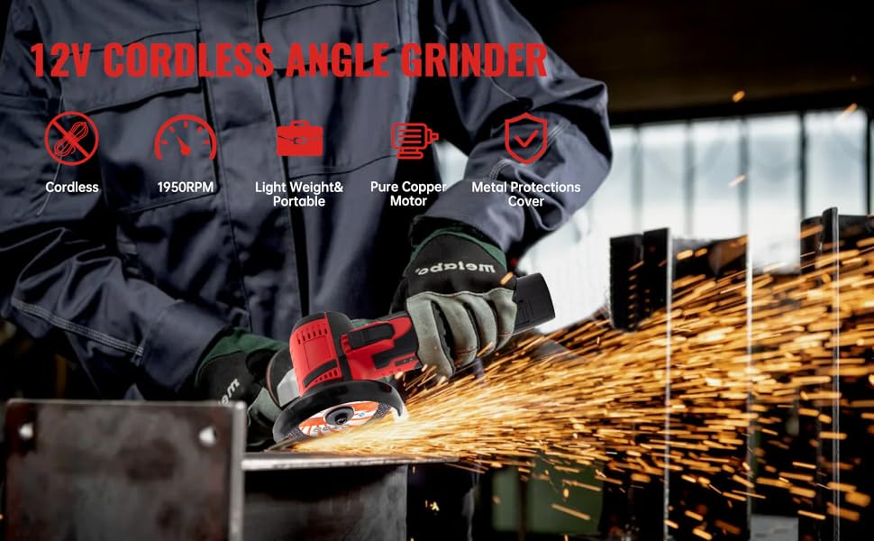 12V cordless angle grinder in use, with sparks flying.