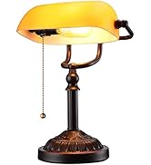TORCHSTAR Bankers Desk Lamp with Pull Chain Switch, Amber Glass Shade Desk Lamps, Bronze Base, UL...