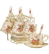YOLIFE Ivory Pink Rose Tea Cups and Saucers Set of 6, 8 oz Vintage Floral Porcelain Tea Cups Set,...