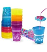 4E's Novelty Tropical Party Cups with Parasol Straws - Disposable Plastic Cups 16oz BPA free, for...