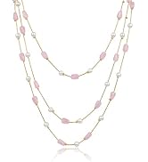 RINHOO Long Glass Bead Necklace for Women, Multi-Layer Design with Pearls &amp; Copper Chain, Boho Ch...
