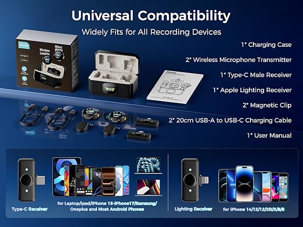 Text reads 'Universal Compatibility'. Multiple product images showing charging accessories including USB-C receiver, charging case, microphone transmitter, and USB charging cable with device compatibility illustrations.