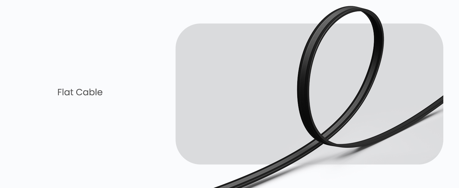 Black flat cable coiled in a loop against a light background. The cable appears thin and flexible, with a smooth surface texture.