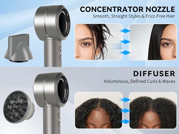 Hair dryer attachments: concentrator (smooth straight hair) &amp;amp; diffuser (voluminous curls)