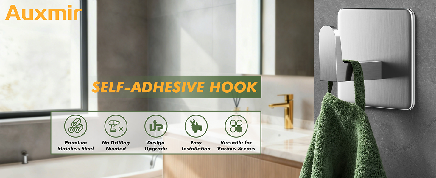 Auxmir self-adhesive hook, premium stainless steel, no drilling needed, easy installation