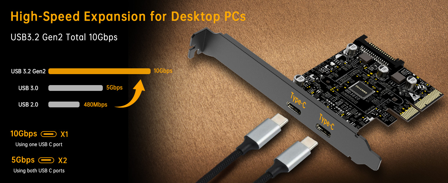 2-port USB C PCIe Card 10Gbps data transfer