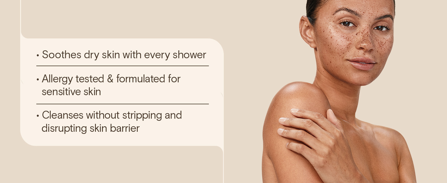 Soothes dry skin with every shower, allergy tested, sensitive skin, cleanses