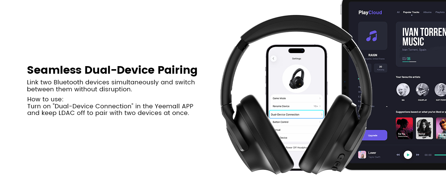 1Mii Y8+ Hybrid Noise Cancelling Headphones Bluetooth 6.0, Wireless LDAC Hi-Res Audio