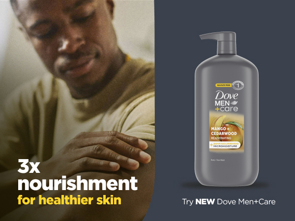 Headline talking about 3x nourishment for healthier skin, next to the product &amp; a man applying it.