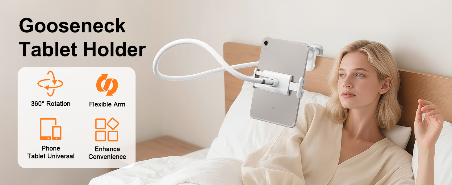 SCENEIN Gooseneck Tablet Holder for Bed, Flexible Long Arm Tablet Mount Stand for Reading in Bed