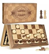 AMEROUS 15'' Magnetic Wooden Chess &amp; Checkers Game Set -2 Extra Queens -24 Cherkers Pieces - Ches...