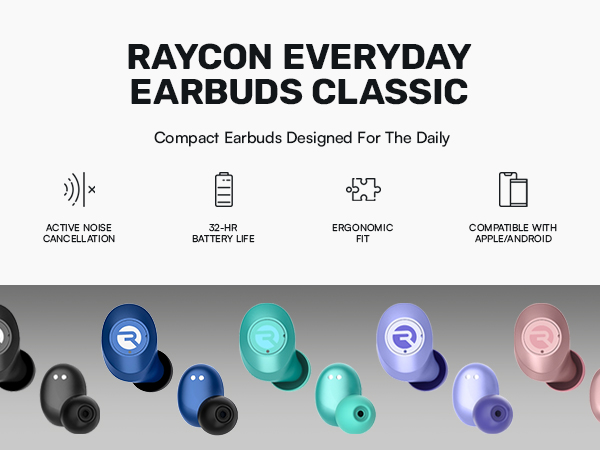 Raycon Everyday Earbuds Classic, Wireless Bluetooth Active Noise Cancellation, Compact