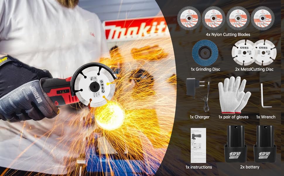 Makita power tool kit featuring angle grinder in use