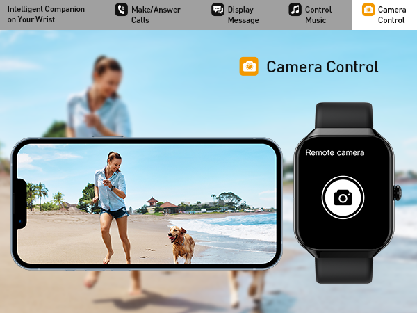 Smartwatch camera control interface shown alongside smartphone beach photo demonstration, illustrating remote camera operation functionality.