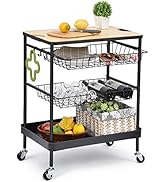 TOOLF Kitchen Island Serving Cart with Utility Wood Tabletop, 4-Tier Rolling Storage Cart with 2 ...