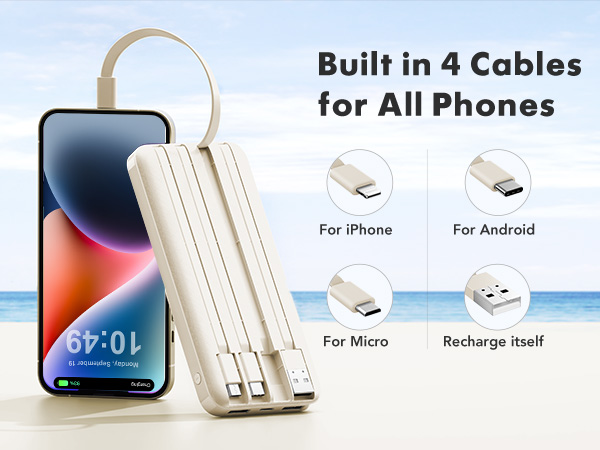 Text reads 'Built in 4 Cables for All Phones'. Product image showing multi-charging cable with icons for iPhone, Android, Micro, and labeled connection types.