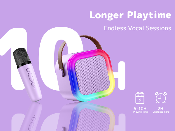 Text reads 'Longer Playtime, Endless Vocal Sessions'. Product advertisement showing colorful wireless earbuds with LED light ring and charging accessories on purple background.