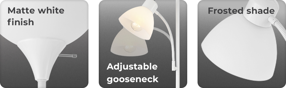 matte white finish, adjustable gooseneck, frosted shade