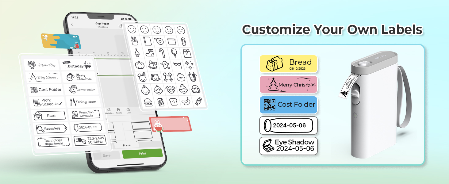 Label maker app interface on smartphone and examples of customized labels for kitchen items. Shows digital design process and printed labels on a white container.
