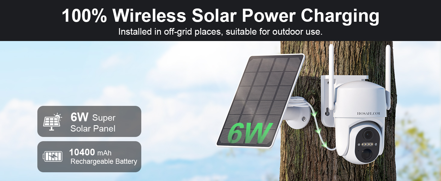 Solar camera outdoor wireless receives sunlight and charges battery with solar panel