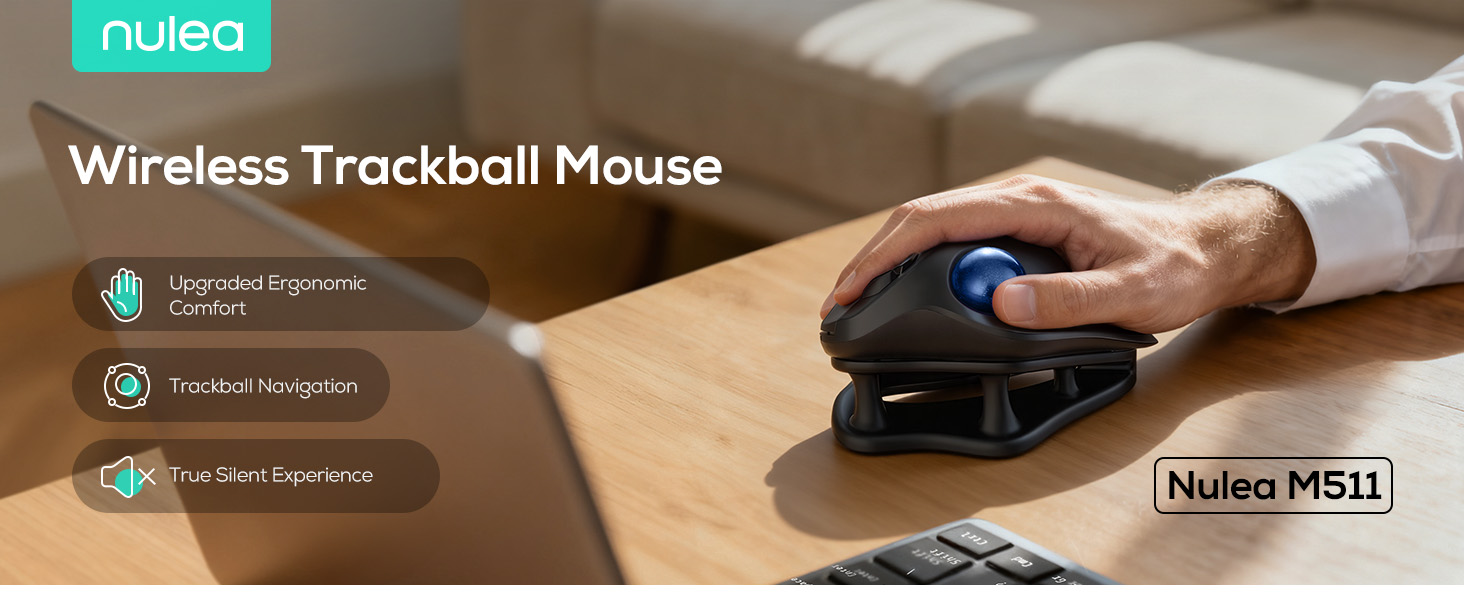 Nulea M511 Wireless Trackball Mouse, Rechargeable Ergonomic Thumb-Control Mouse with Tilt Stand
