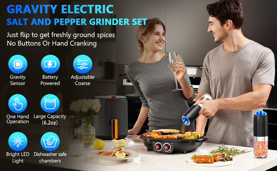 Gravity Battery Salt and Pepper Grinder Set, Automatic Electric Pepper Grinder