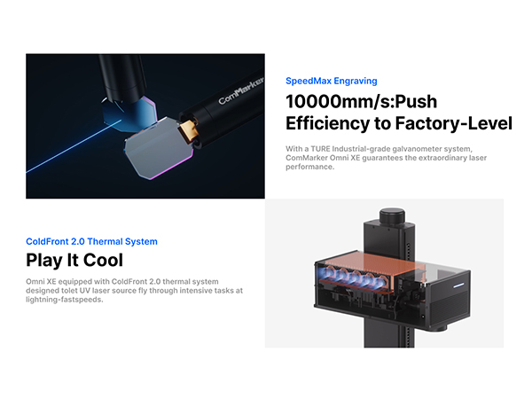Text reads 'Play It Cool', '10000mm/s-Push Efficiency to Factory-Level'. Marketing banner showing computer hardware components with blue accent lighting and technical specifications.