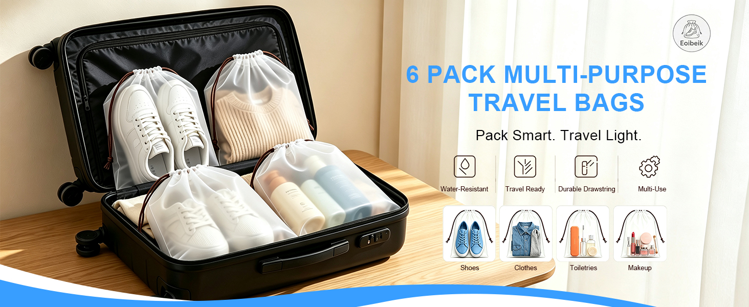 6 Pack Multi-Purpose Travel Bags, Water-Resistant, Travel Ready, Durable Drawstring, Multi-Use.
