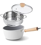 ROCKURWOK Ceramic Nonstick Sauce Pan, 3 QT Pot with Steamer, Non Toxic &amp; PFAS-Free, Wooden Handle...
