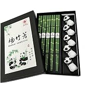 LANHUTHS Wooden Chopsticks Reusable 5 Pairs Gift Set with 5pcs porcelain rest Panda and Green Bam...