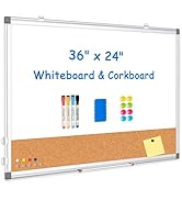 Whiteboard Cork Board Combo for Wall, WALGLASS 36" x 24" Double-Sided Large Dry Erase Whiteboard ...