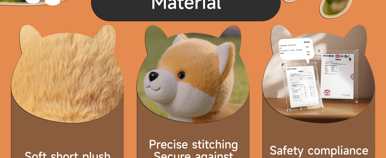 Text reads 'Material', 'Precise stitching', 'Safety compliance'. Product detail images showing fabric material and stitching samples.