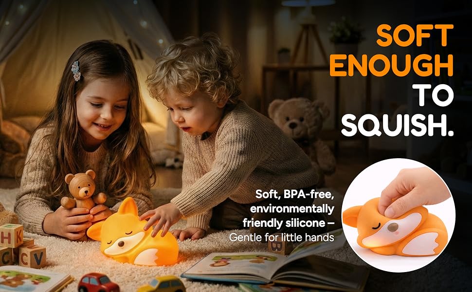 Soft silicone fox night light with flexible squishy design and warm ambient light