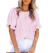 Dokotoo Floral Print Blouses for Women Crewneck Smocked Puff Sleeve Shirts Casual Babydoll Tops