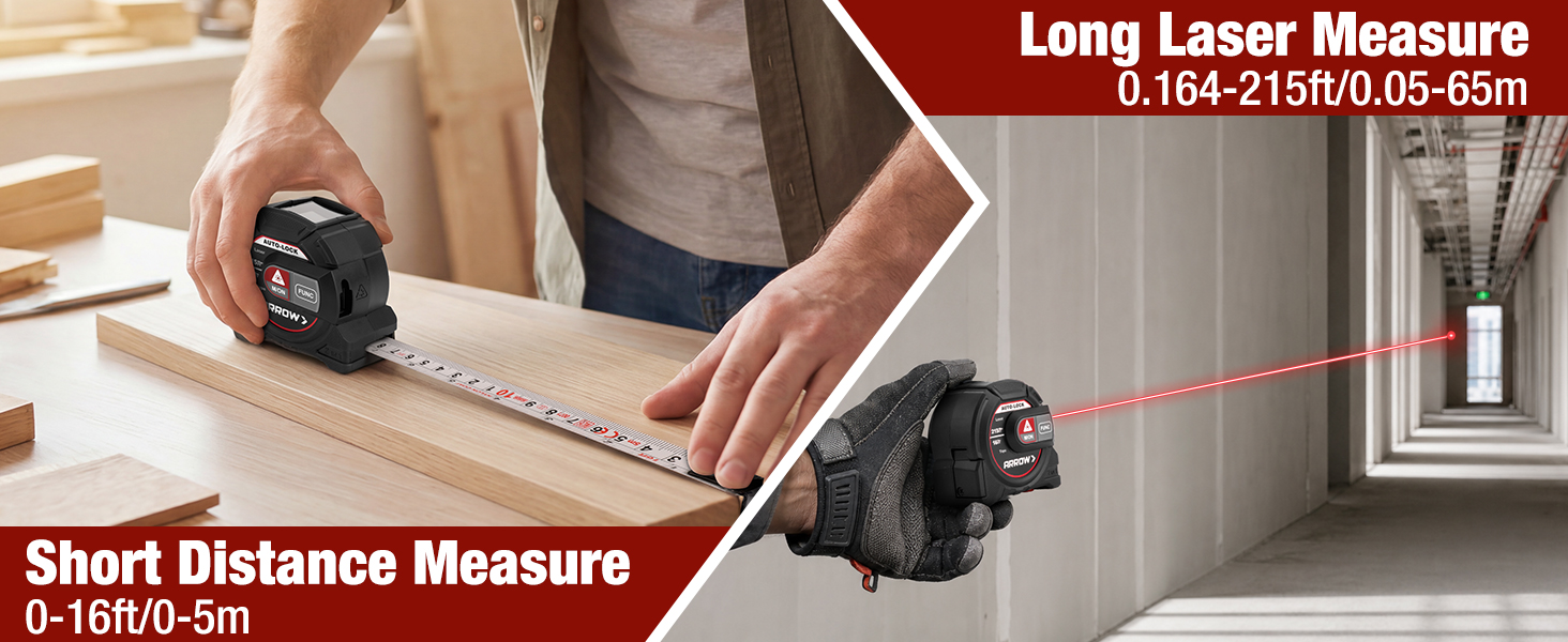 ARROW 2-in-1 Laser Tape Measure 215Ft/65m Laser Distance
