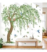 decalmile Large Green Tree Wall Stickers Hanging Vine Falling Leaves Birds Wall Decals Living Roo...