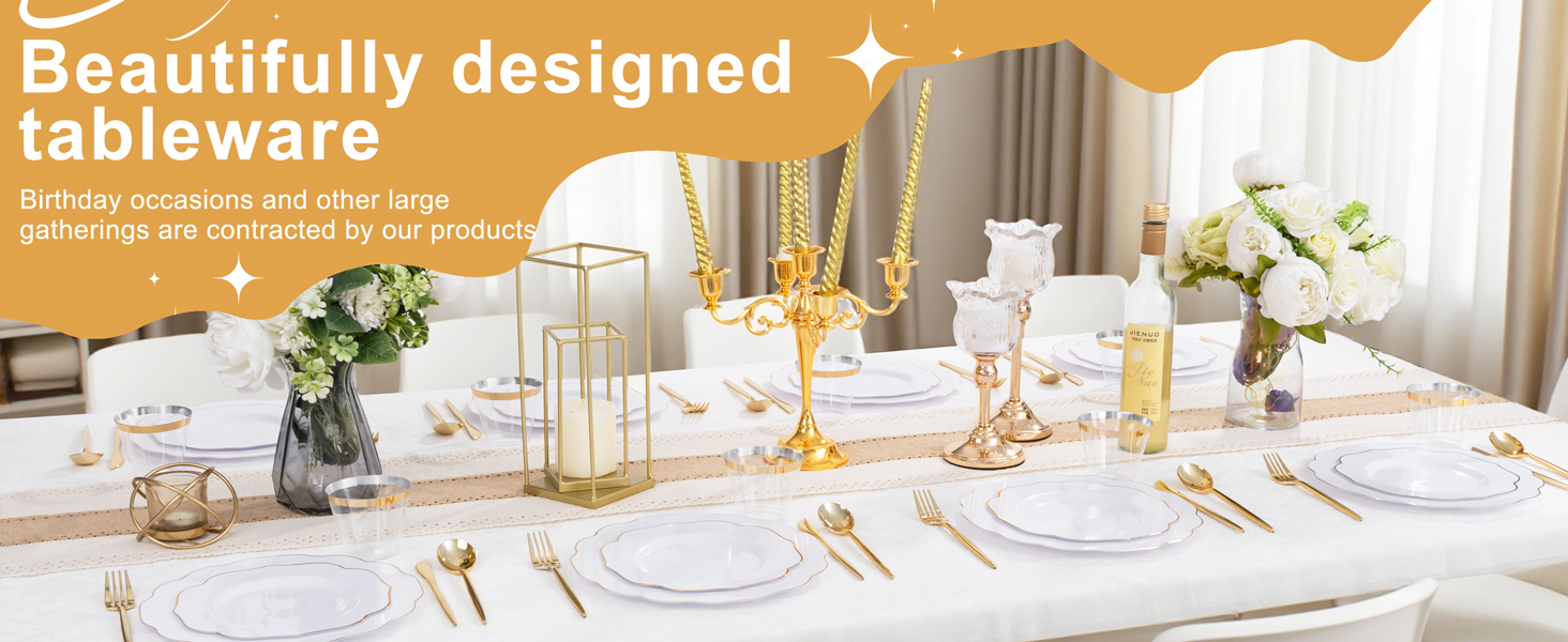 White and Gold Plastic Dinnerware Set