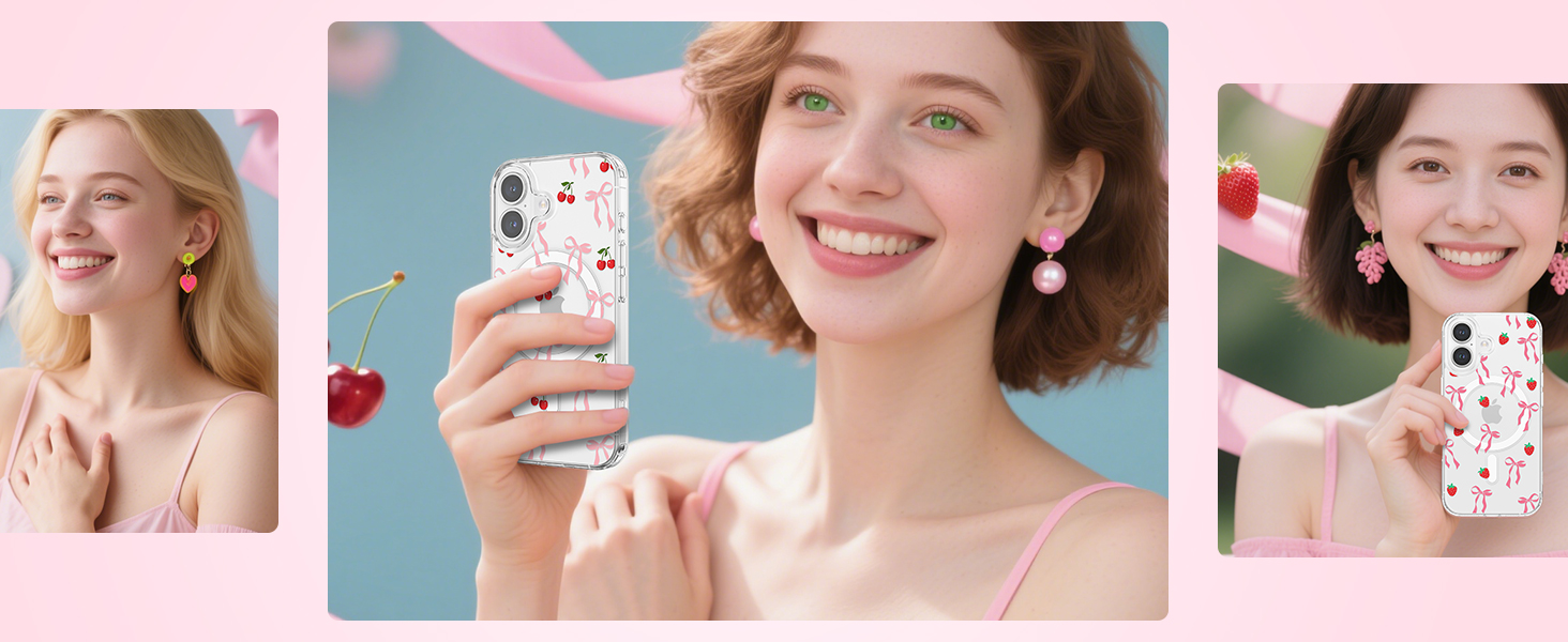 Three-panel image showing people posing with smartphones displaying decorative phone cases with floral or pattern designs against pink and blue backgrounds.