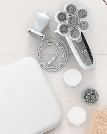 MK16 Flexy shaver set with charger cleaning brush and attachments on bathroom surface