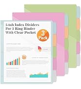 V-Opitos 5-tab Index Dividers with 3 Holes Punched, Set of 3 Plastic Dividers with Clear Front Po...