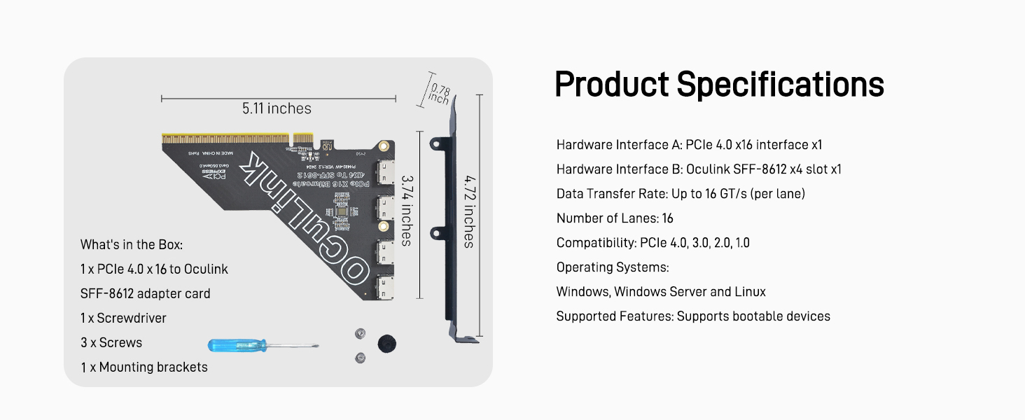 LetLinkSo Gen4 PCIe 4.0 x16 to Oculink SFF-8612 External SFF-8611 Adapter Card for NVMe
