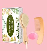 Wooden Baby Hair Brush and Comb Set, 3Pcs Natural Soft Goat Bristles Brush Cradle Cap Comb Baby S...