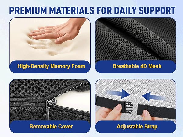 Back support pillow with memory foam, breathable mesh, and adjustable strap for daily comfort.