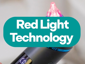 Text reads 'Red Light' and 'Technology'. Series of pink and teal colored promotional banner sections showing technological elements.