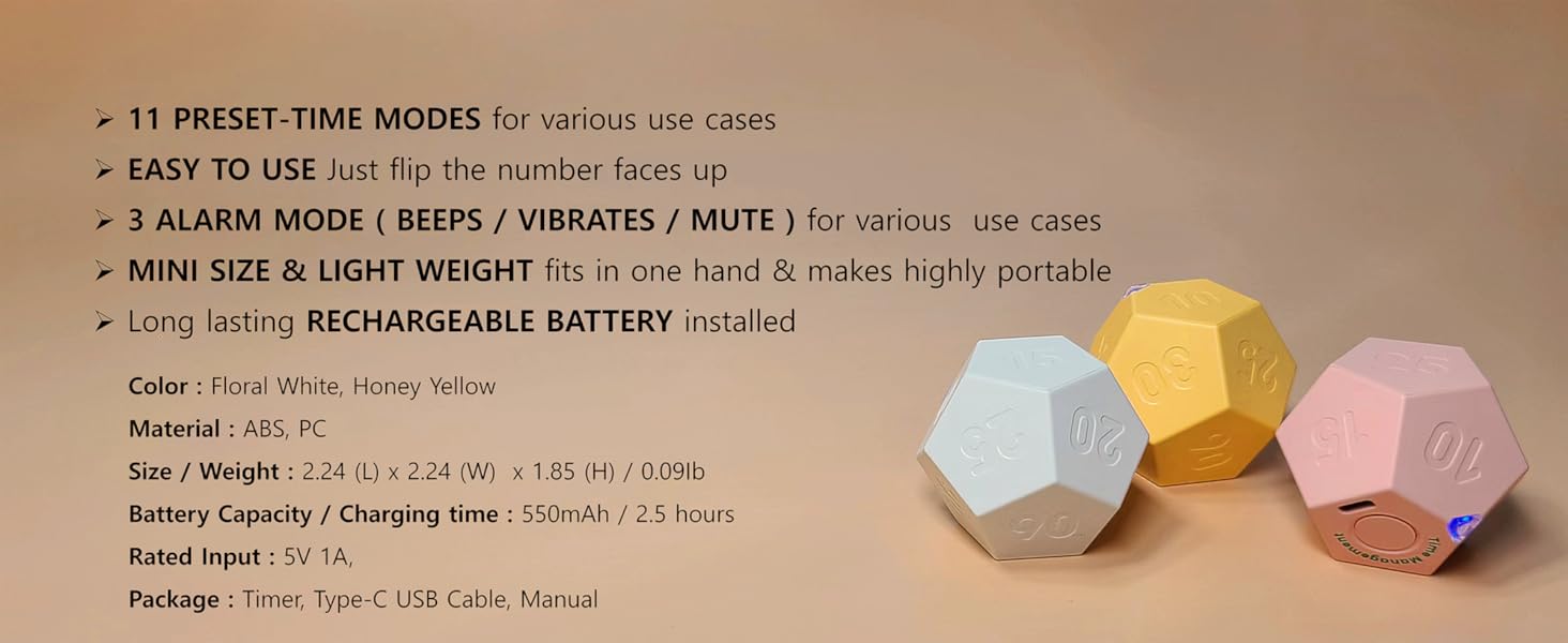 main features of CreaViva pomodoro cube timer