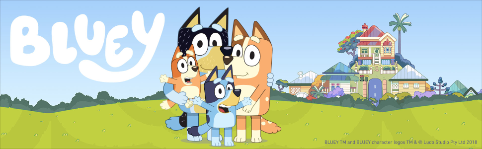 BLUEY character logos and image of BLUEY main characters